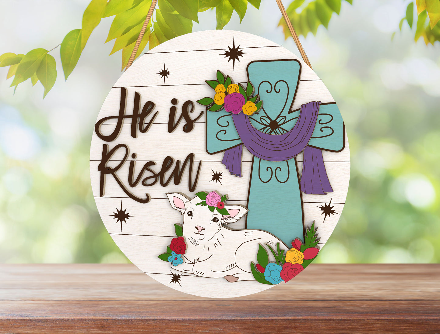 He Is Risen Cross Lamb Easter Door Hanger SVG for LightBurn and Glowforge