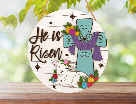 He Is Risen Cross Lamb Easter Door Hanger SVG for LightBurn and Glowforge