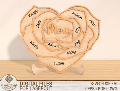Rose Heart Family Name Sign SVG Bundle for Glowforge and xTool