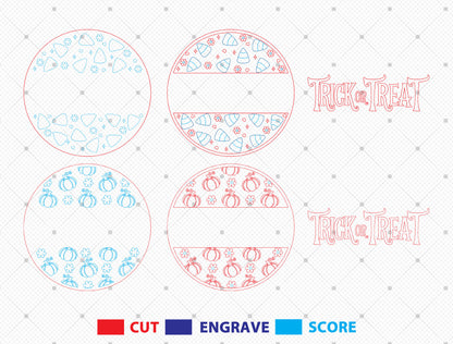 Trick or Treat Round Sign SVG Laser Cut File | 2 Halloween Door Designs | Cute Spooky Decor | Glowforge, xTool, LightBurn, etc.