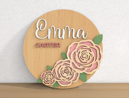 Personalized Floral Name Door Hanger SVG Custom Flower Round Sign Laser Cut File for Glowforge and xTool