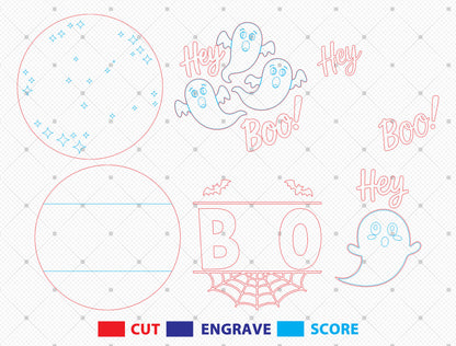 Hey Boo Ghost Round Door Hanger SVG Set for Glowforge xTool LightBurn 2 Designs