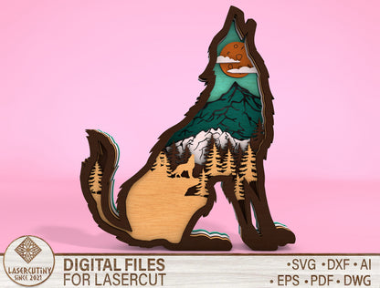 Multilayer Wolf Mountain Scene SVG Laser Cut File for LightBurn