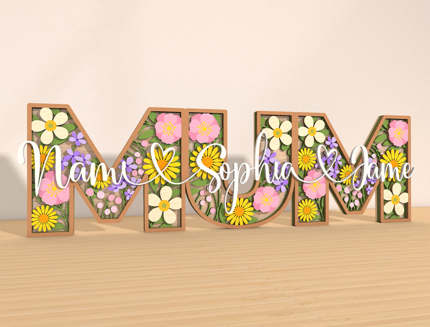 Personalized MOM Floral Name Laser Cut File | Custom Mother’s Day Decor | Layered Botanical Letters | Glowforge, xTool, LightBurn Compatible