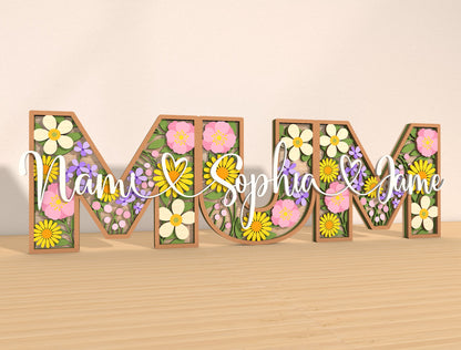Personalized MOM Floral Name Laser Cut File | Custom Mother’s Day Decor | Layered Botanical Letters | Glowforge, xTool, LightBurn Compatible