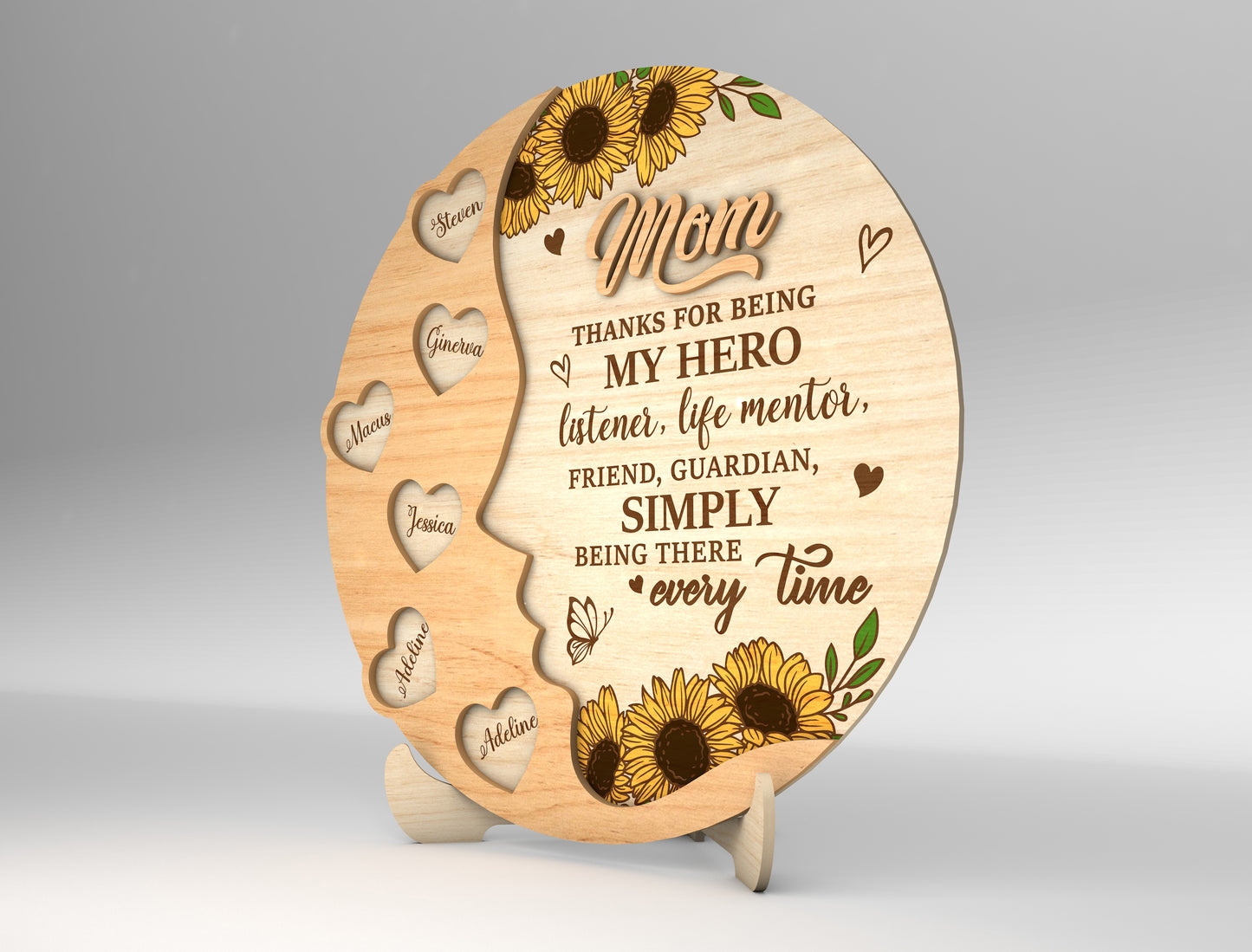 Mom Sunflower Round Heart Name Sign SVG for Glowforge and xTool