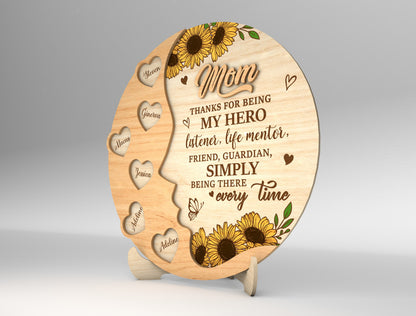 Mom Sunflower Round Heart Name Sign SVG for Glowforge and xTool