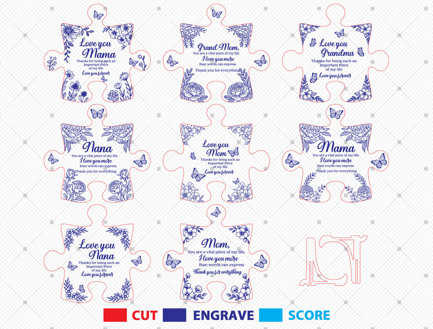 Mom Puzzle Piece Sign SVG Bundle 8 Designs for Glowforge and xTool