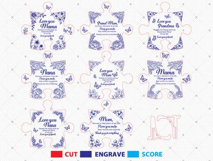 Mom Puzzle Piece Sign SVG Bundle 8 Designs for Glowforge and xTool