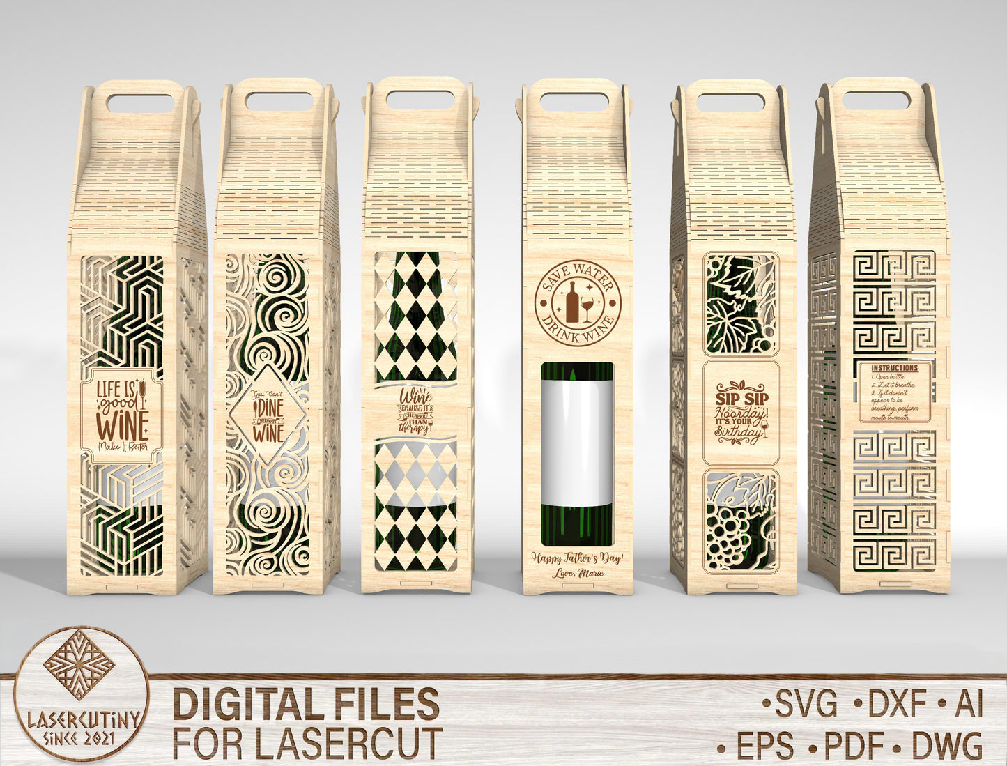 Wine Bottle Gift Box SVG Laser Cut File for Glowforge and LightBurn