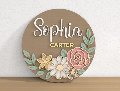 Personalized Floral Name Door Hanger SVG Custom Flower Round Sign Laser Cut File for Glowforge and xTool