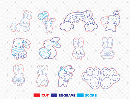 Easter Bunny Earrings SVG Bundle Laser Cut File | 12 Cute Rabbit Designs | Spring Wooden Earrings | Glowforge, xTool, LightBurn, etc.