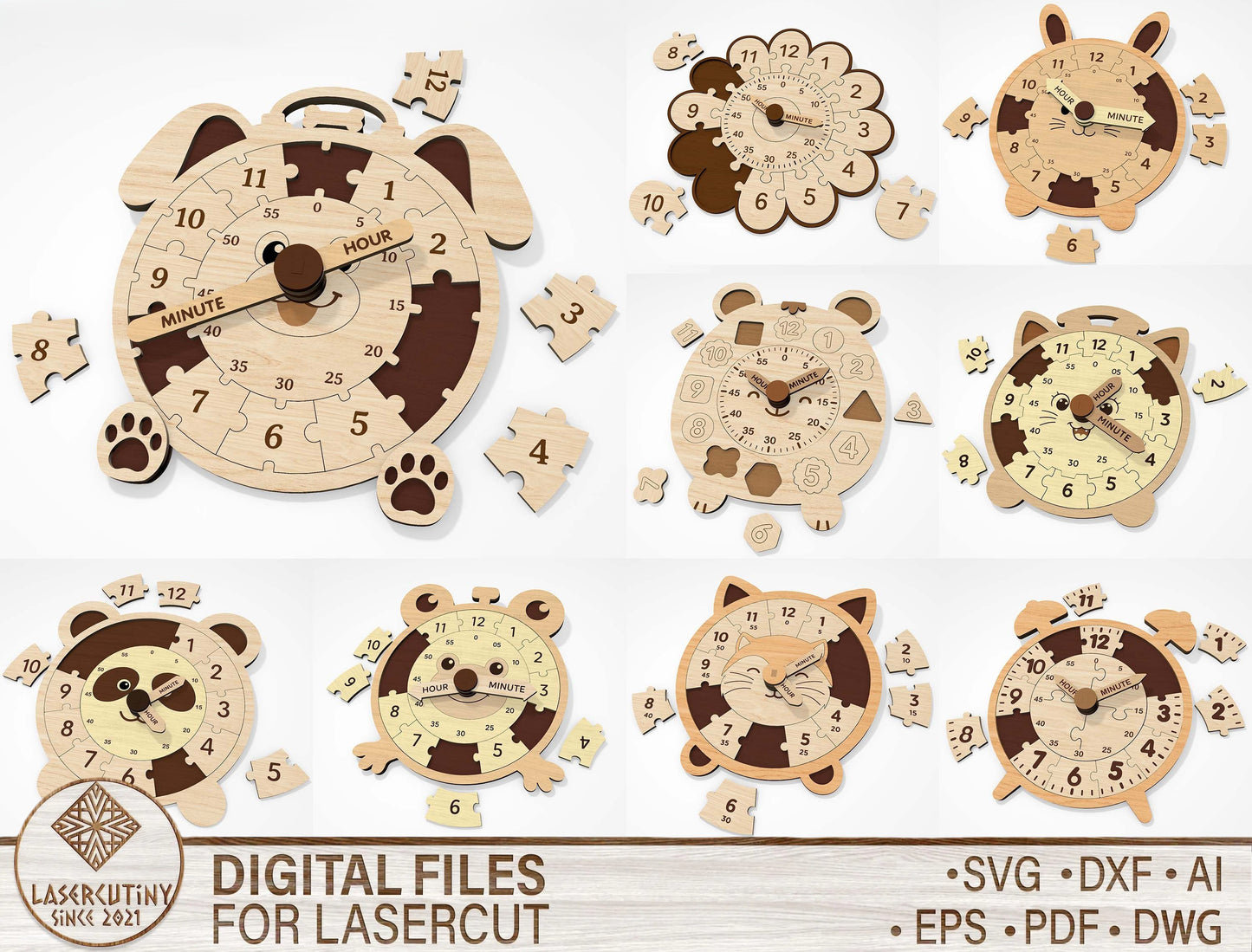 8 Animal Puzzle Clock SVG Bundle Educational Laser Cut File for Glowforge