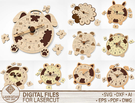 8 Animal Puzzle Clock SVG Bundle Educational Laser Cut File for Glowforge