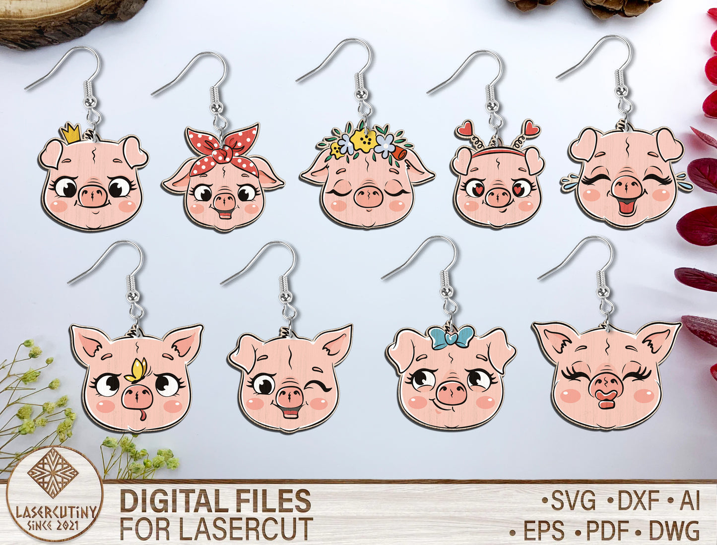 Cute Pig Face Earrings SVG Bundle Laser Cut File