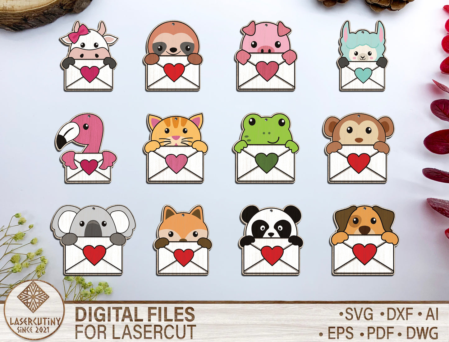 Cute Animal Love Envelope Earrings SVG Laser Cut File