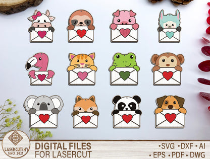 Cute Animal Love Envelope Earrings SVG Laser Cut File