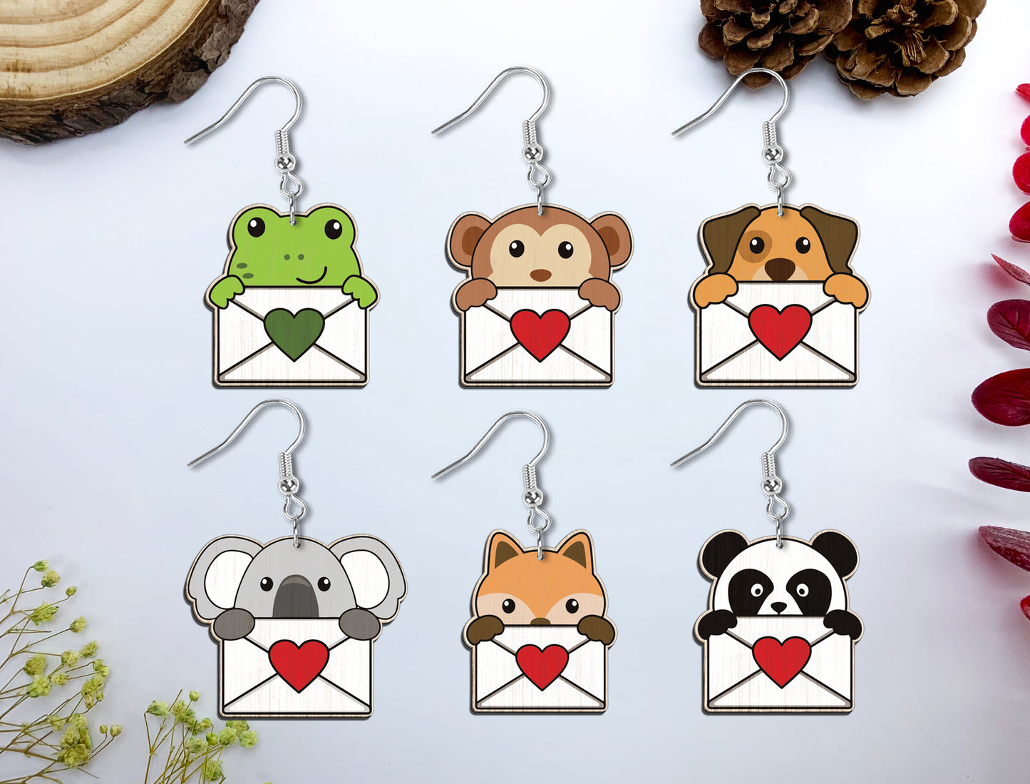 Cute Animal Love Envelope Earrings SVG Laser Cut File