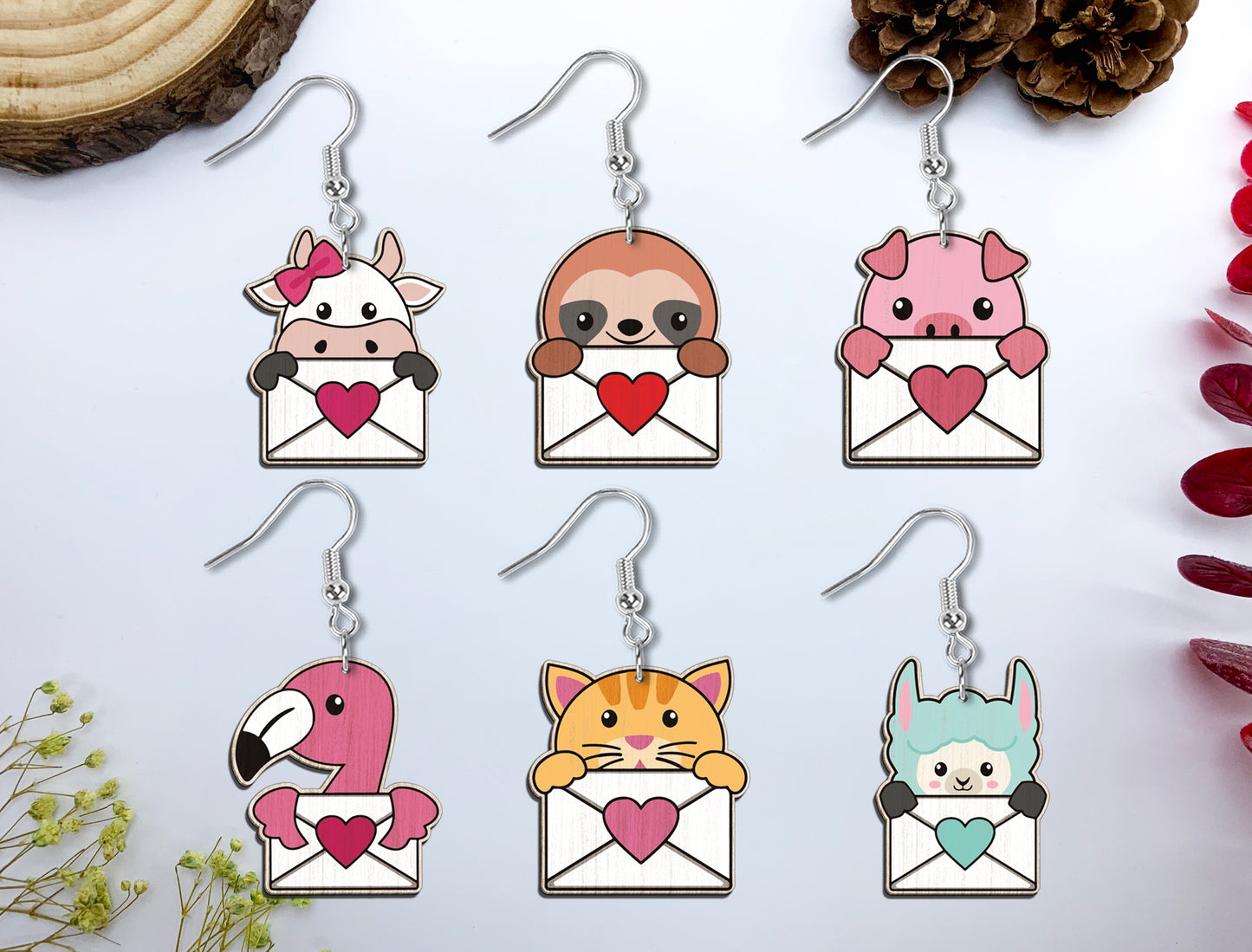 Cute Animal Love Envelope Earrings SVG Laser Cut File