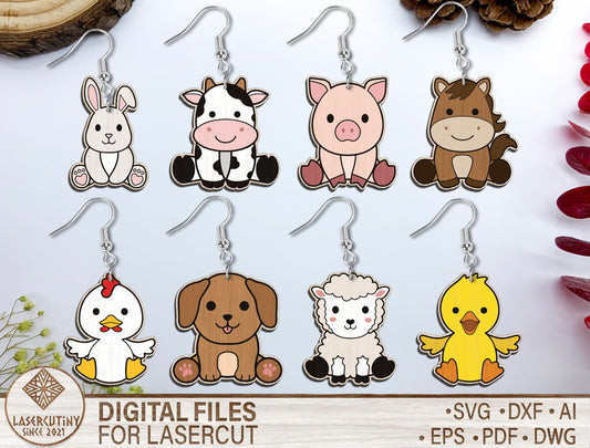 Cute Farm Animal Earrings SVG Laser Cut File for Glowforge