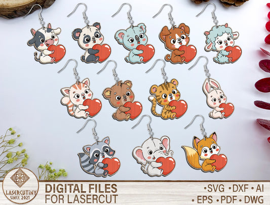 Cute Animal Heart Earrings SVG Bundle Laser Cut File