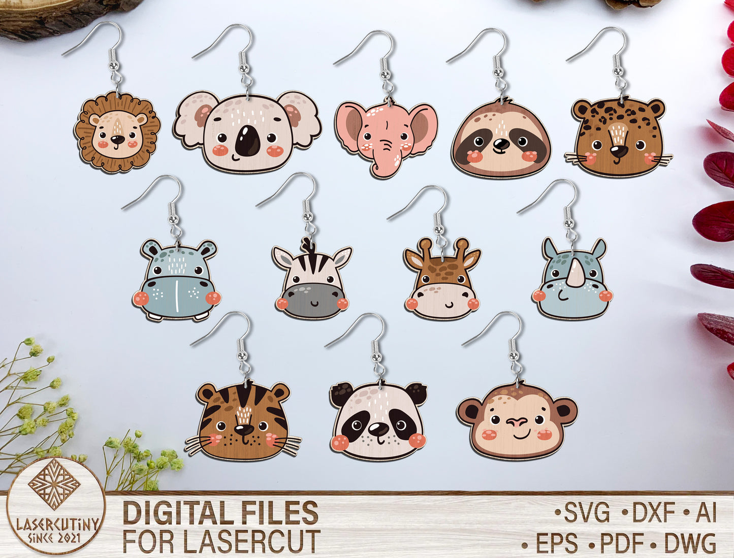Cute Safari Animal Earrings SVG Bundle Laser Cut File