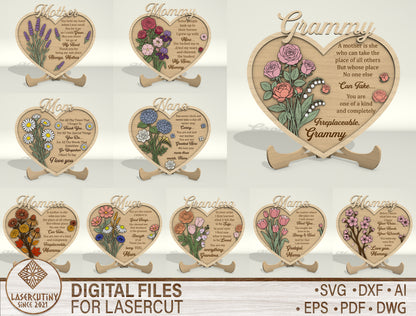 Mother Heart Sign SVG Bundle Floral Mom Gift Laser Cut File for LightBurn and Glowforge