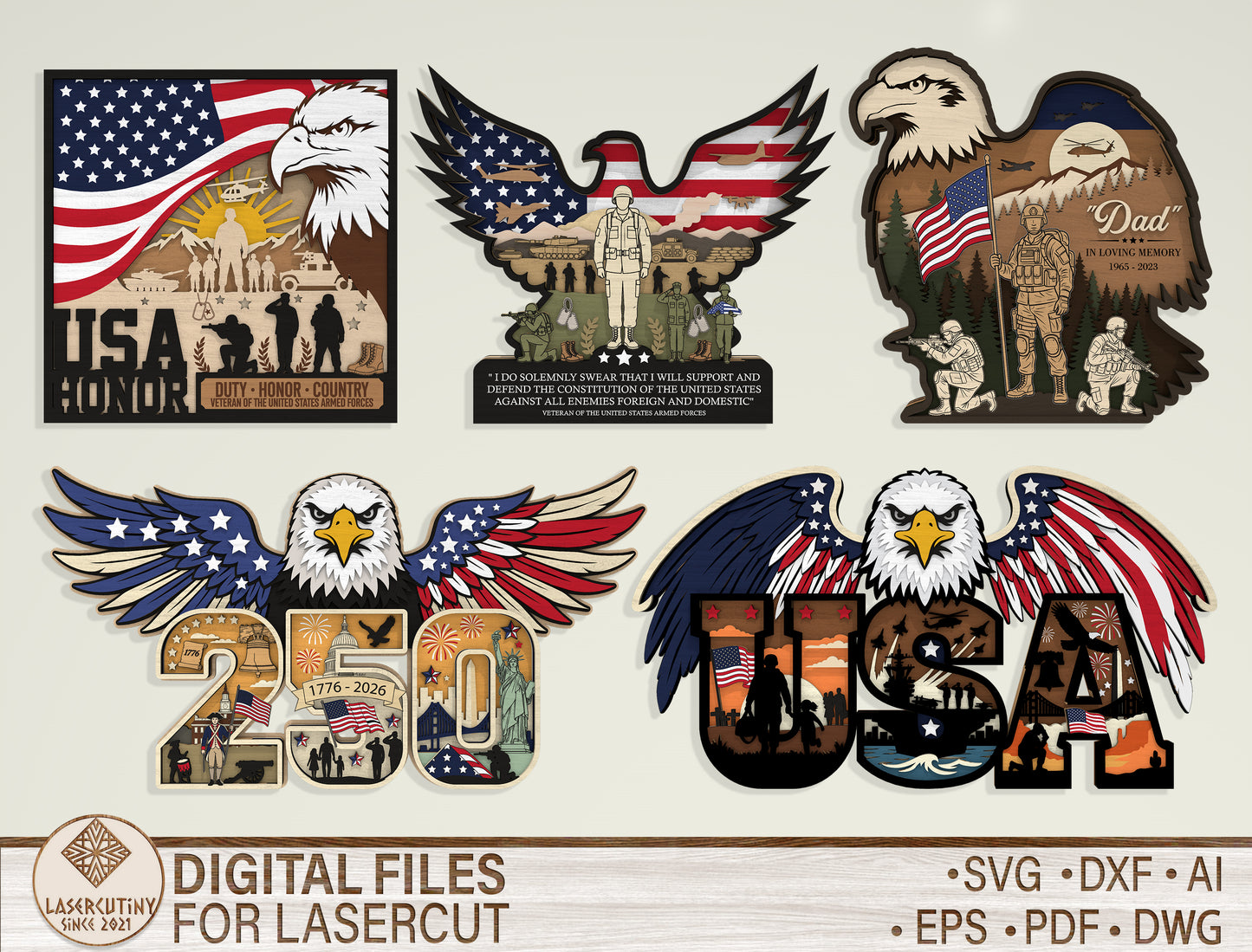 Patriotic Eagle Multilayer Laser Cut File Bundle for Glowforge xTool LightBurn USA Veteran SVG 5 Designs