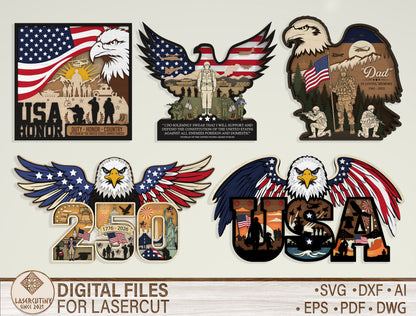 Patriotic Eagle Multilayer Laser Cut File Bundle for Glowforge xTool LightBurn USA Veteran SVG 5 Designs