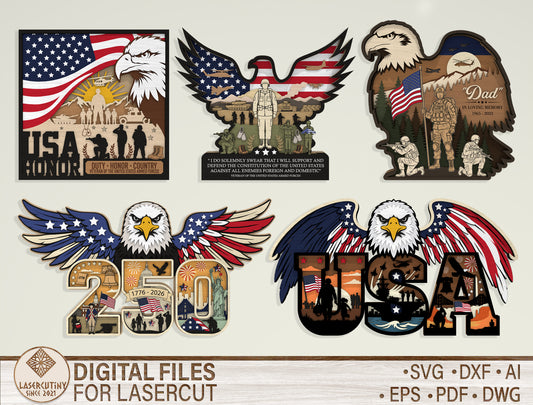 Patriotic Eagle Multilayer Laser Cut File Bundle for Glowforge xTool LightBurn USA Veteran SVG 5 Designs