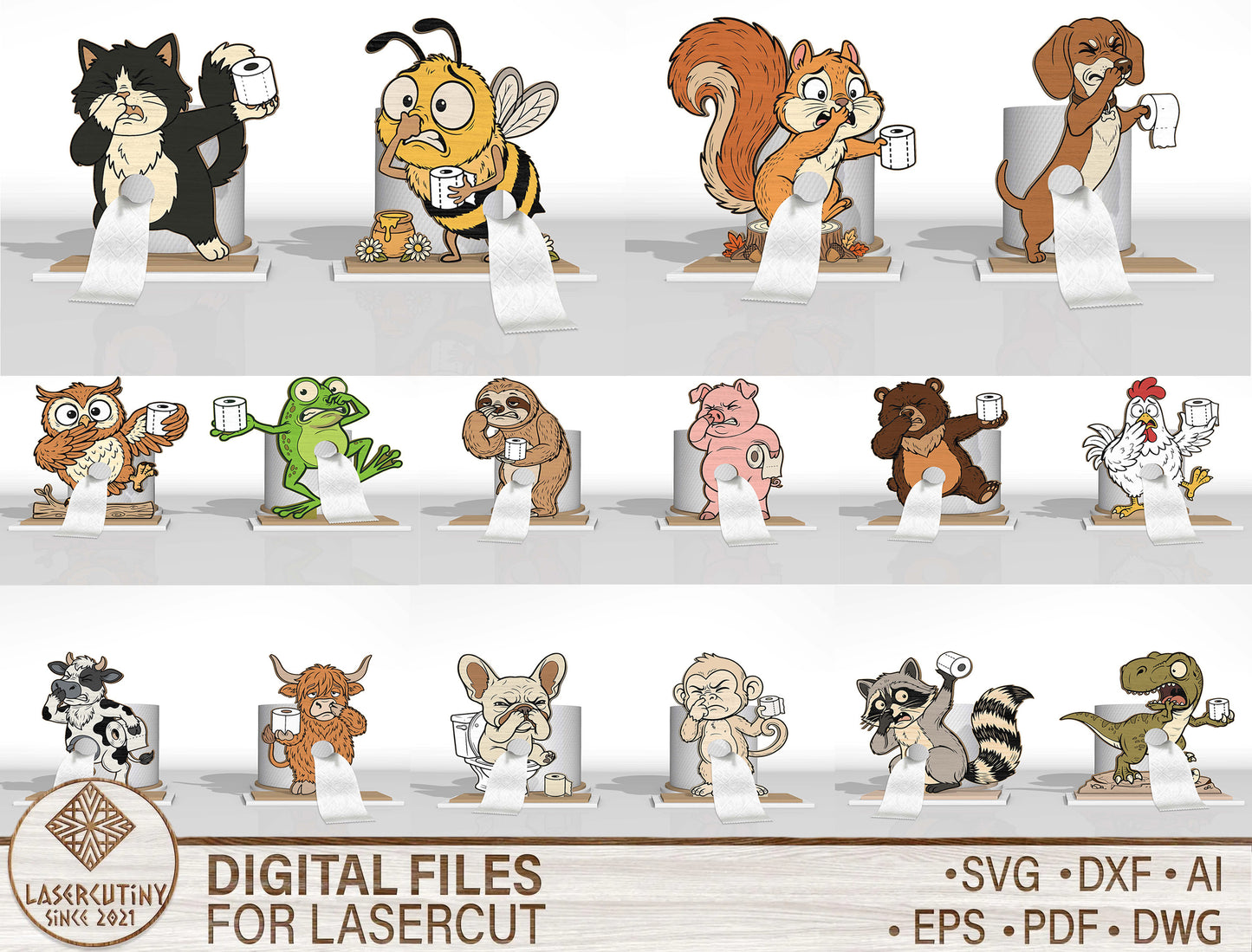Animal Toilet Paper Holder SVG Bundle for Glowforge and LightBurn