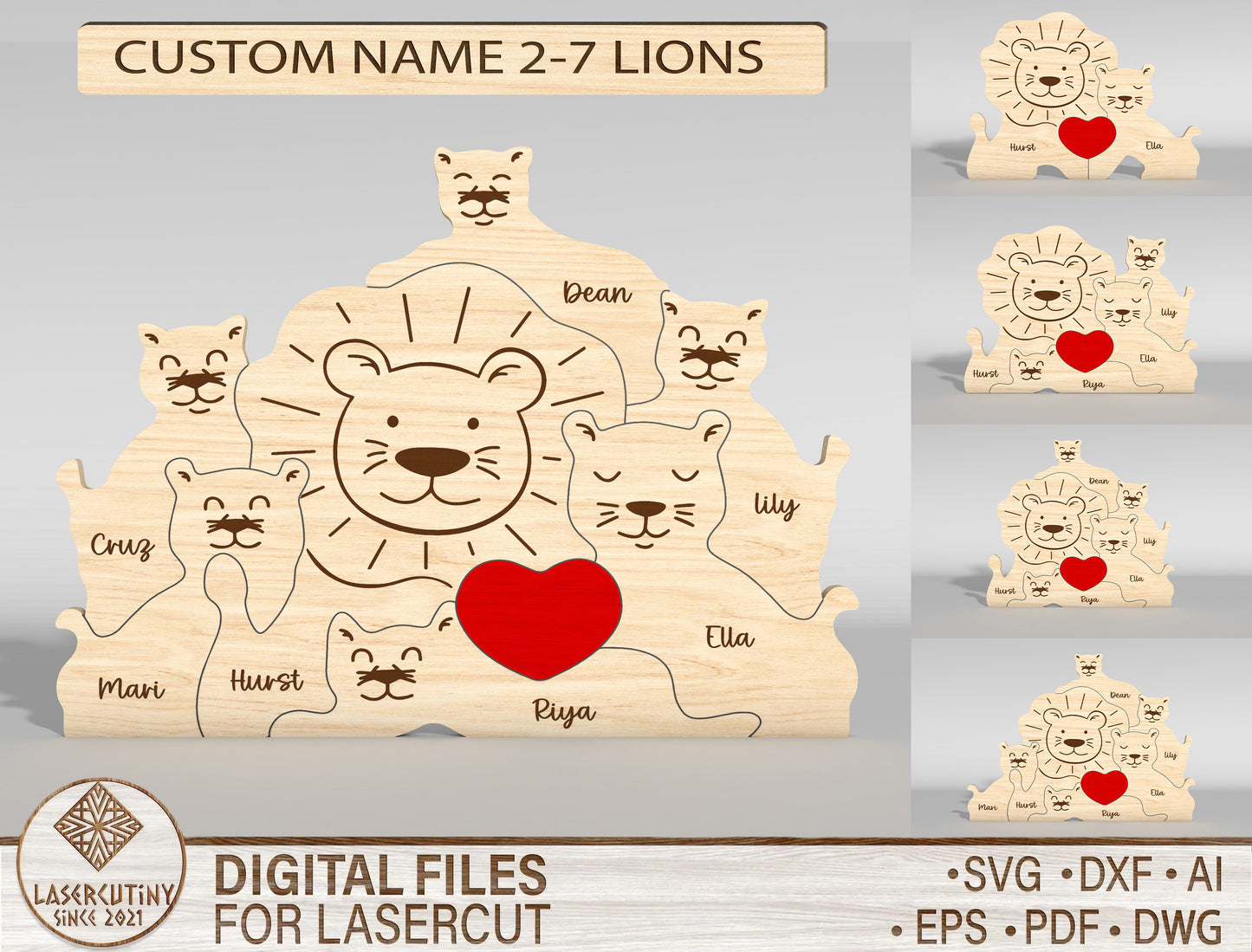 Lion Family Wooden Puzzle Sign SVG for LightBurn and xTool