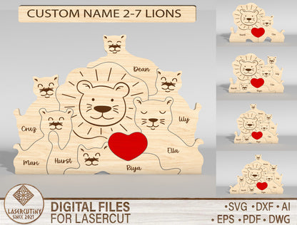 Lion Family Wooden Puzzle Sign SVG for LightBurn and xTool