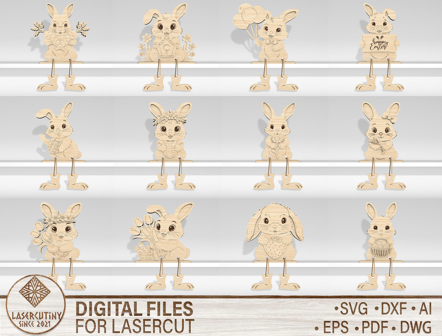 12 Easter Bunny Shelf Sitters SVG Laser Cut File for Glowforge and xTool