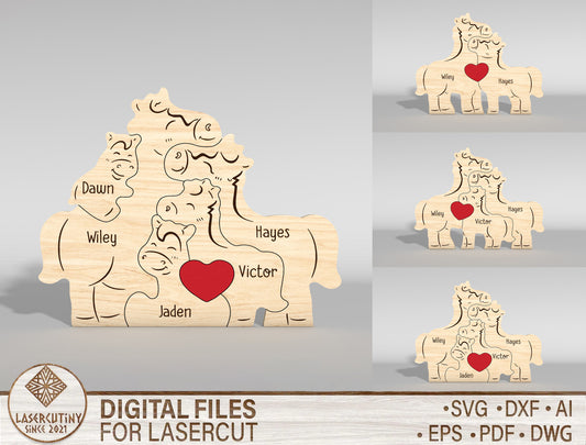 Horse Family Wooden Puzzle Sign SVG for xTool and Glowforge