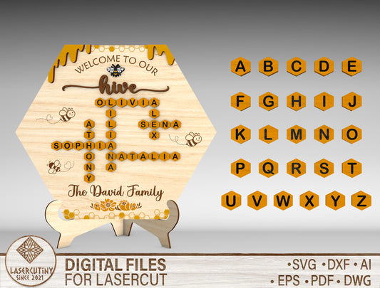 Personalized Bee Family Hive Sign SVG for LightBurn and xTool