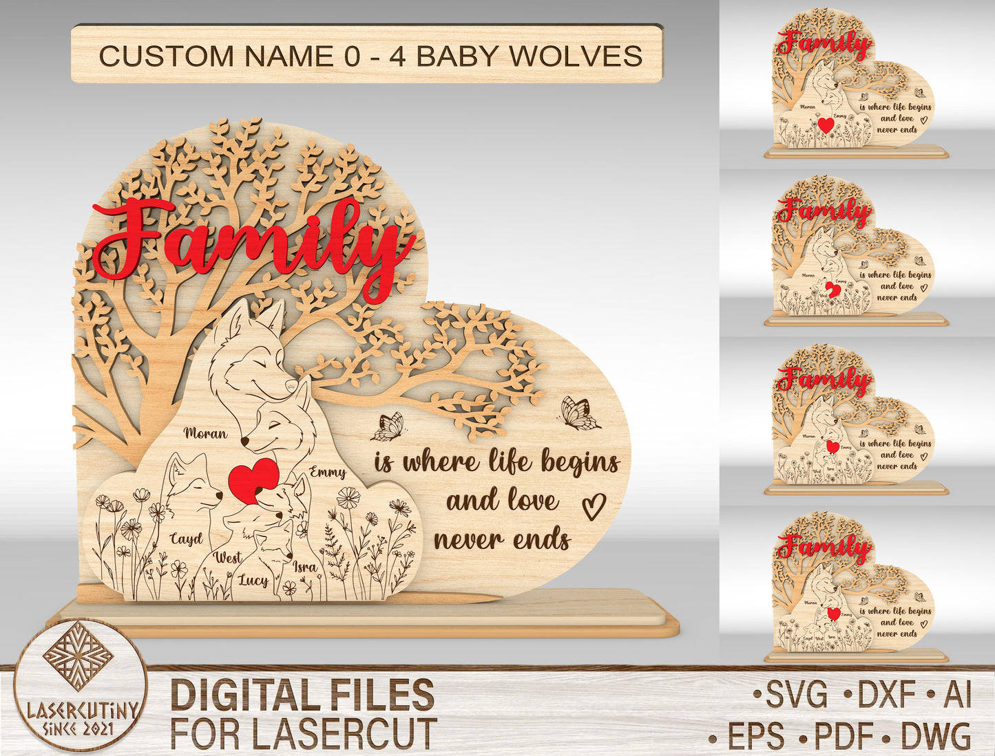 Custom Name Wolf Family Tree Sign SVG for LightBurn and Glowforge