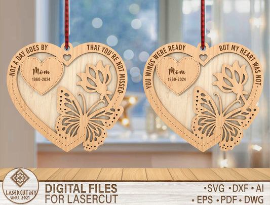 Memorial Butterfly Heart Ornament SVG Laser Cut File for Lightburn