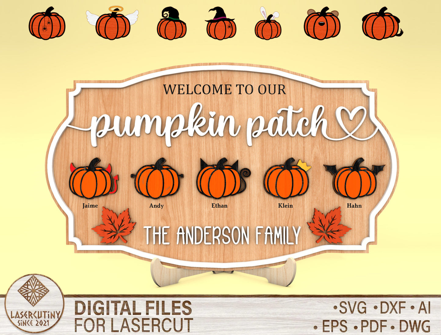 Personalized Pumpkin Patch Family Name Sign SVG for Glowforge xTool LightBurn