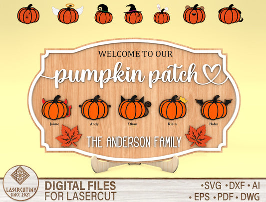 Personalized Pumpkin Patch Family Name Sign SVG for Glowforge xTool LightBurn