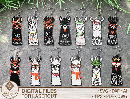 Funny Llama Earrings SVG Bundle Laser Cut File for LightBurn and xTool