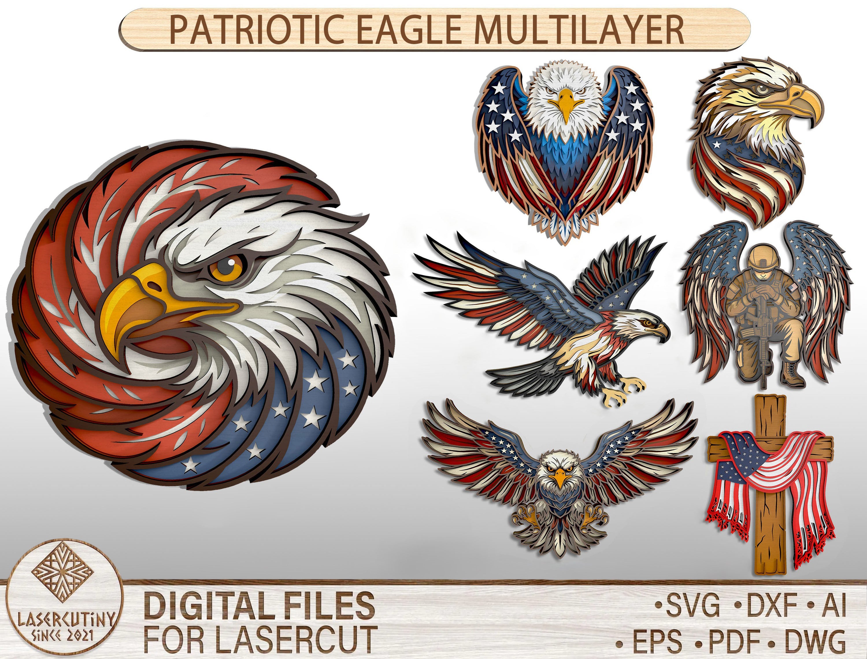 Patriotic Eagle Multilayer SVG Bundle Glowforge xTool