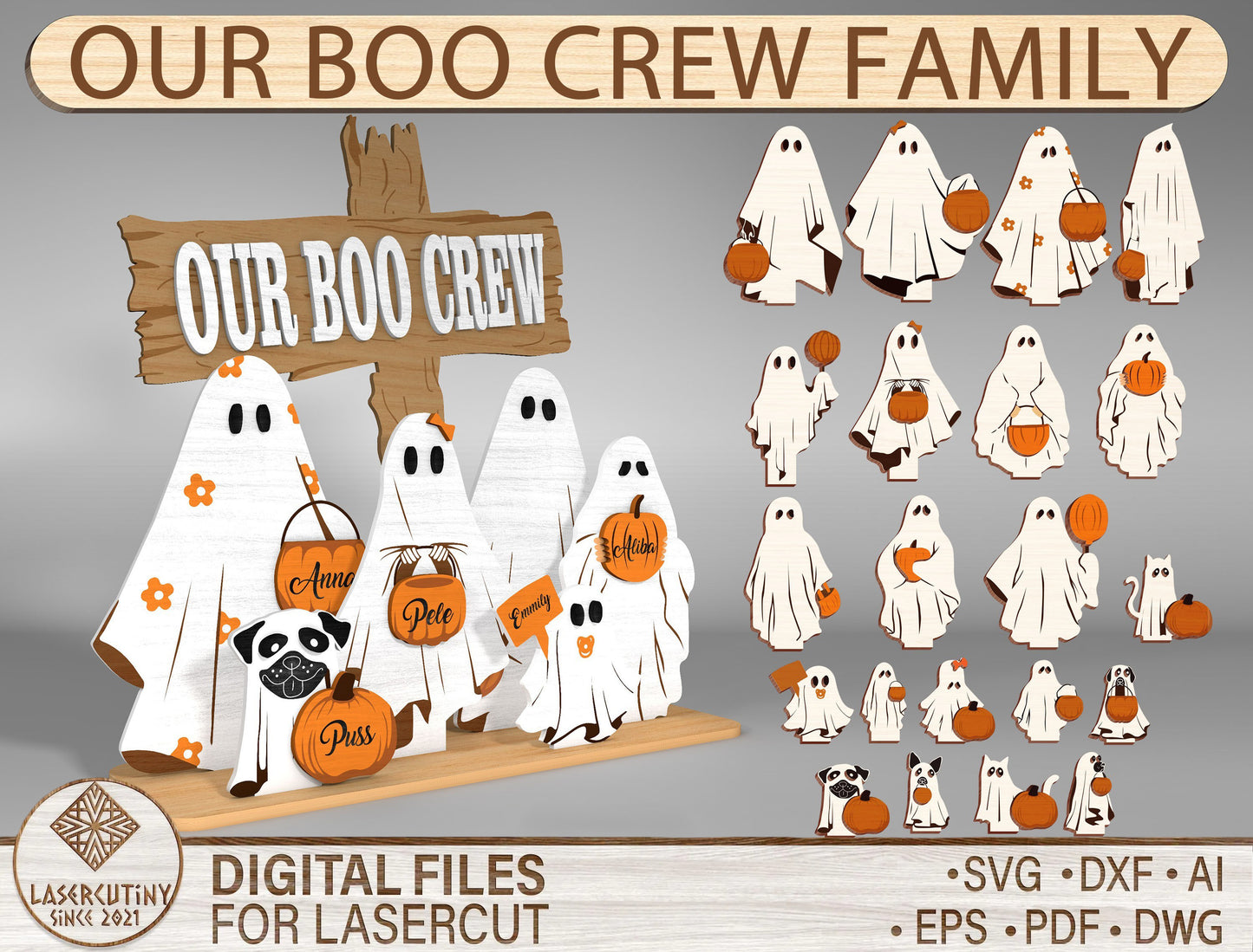 Personalized  Halloween Ghost Family Sign SVG Bundle Decor for Glowforge LightBurn