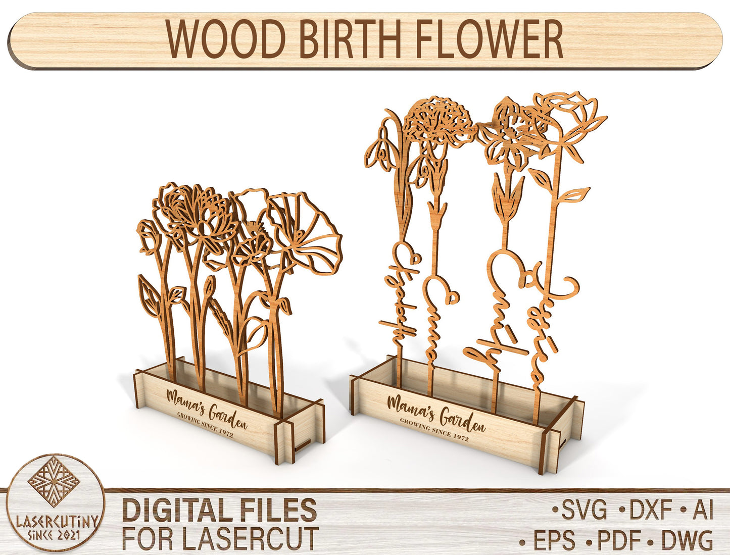Birth Flower Garden Name Stem SVG Floral Display for LightBurn