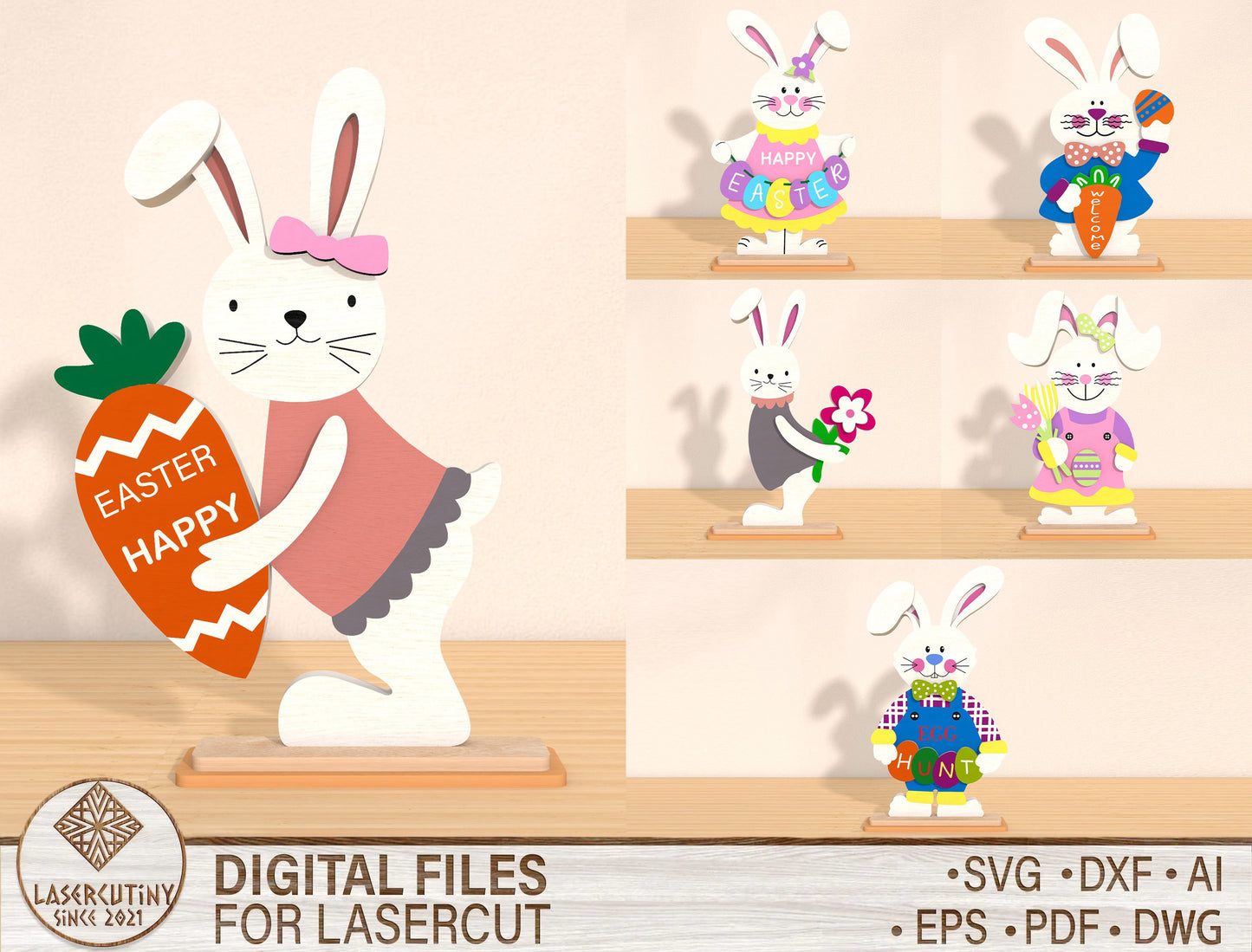 Easter Bunny Tabletop SVG Bundle Rabbit Sign 6 Designs for LightBurn and xTool
