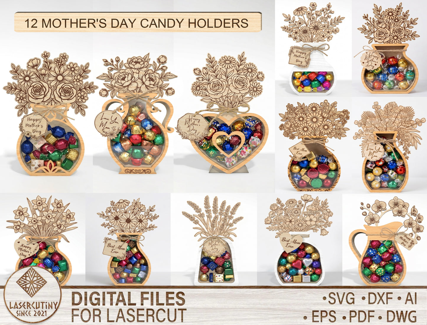 Mother's Day Flower Vase Candy Holder SVG 3D Bouquet Jar Laser Cut File for Glowforge and xTool