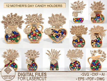 Mother's Day Flower Vase Candy Holder SVG 3D Bouquet Jar Laser Cut File for Glowforge and xTool