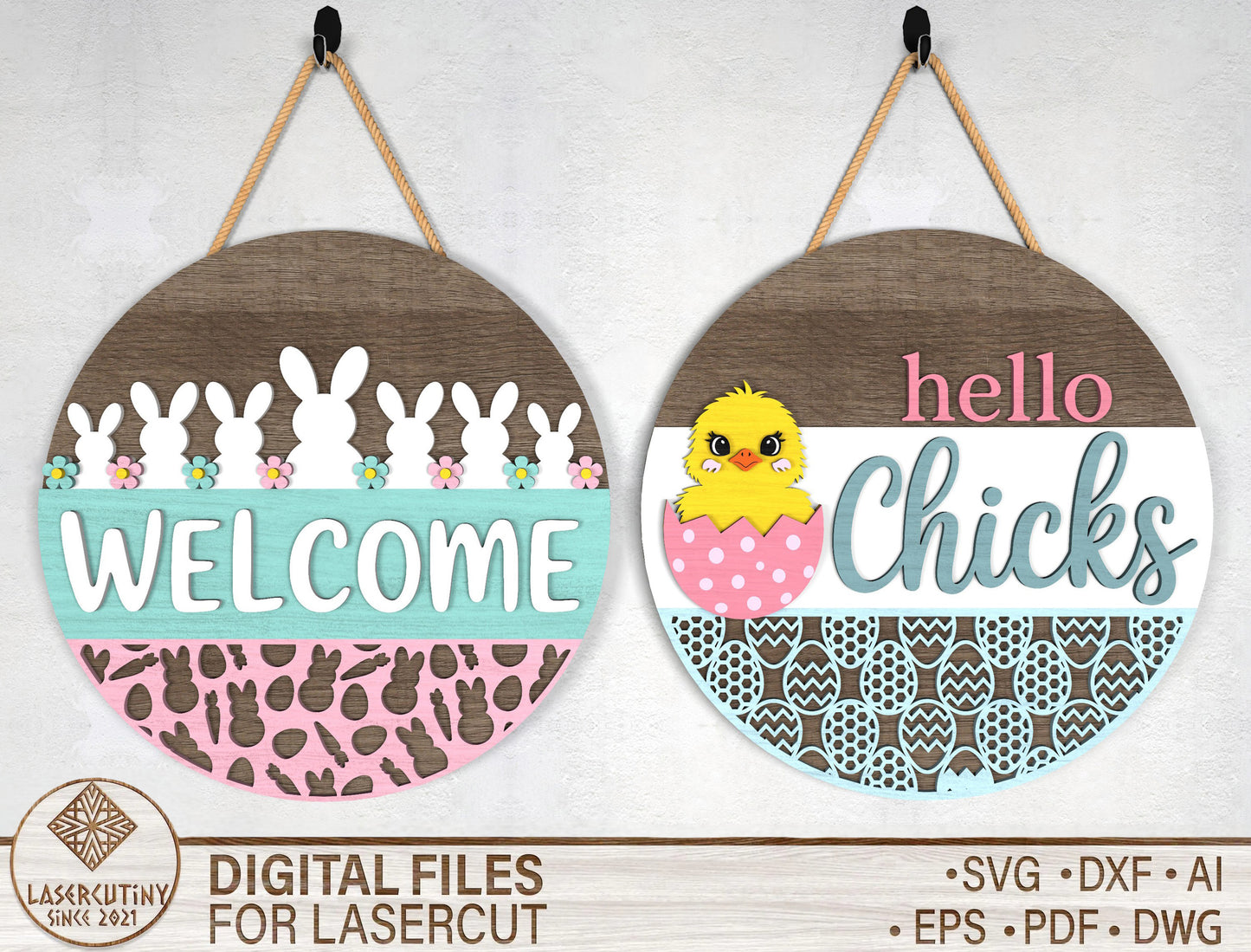 Easter Bunny Hello Chicks Door Sign SVG Layered Welcome for LightBurn and xTool