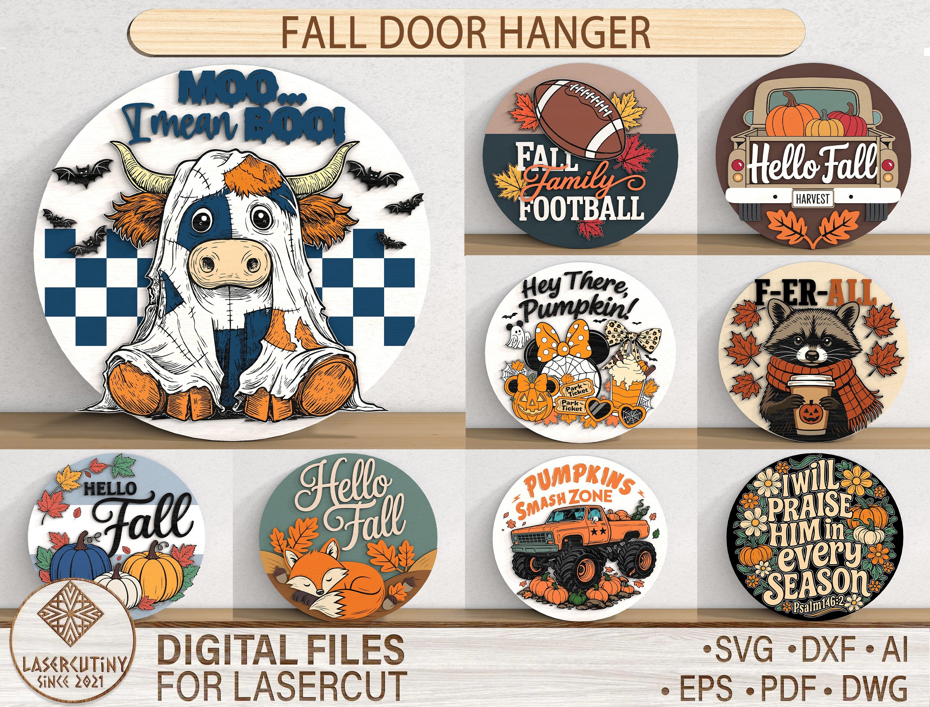 Fall Door Hanger Cow Fox Raccoon SVG Bundle