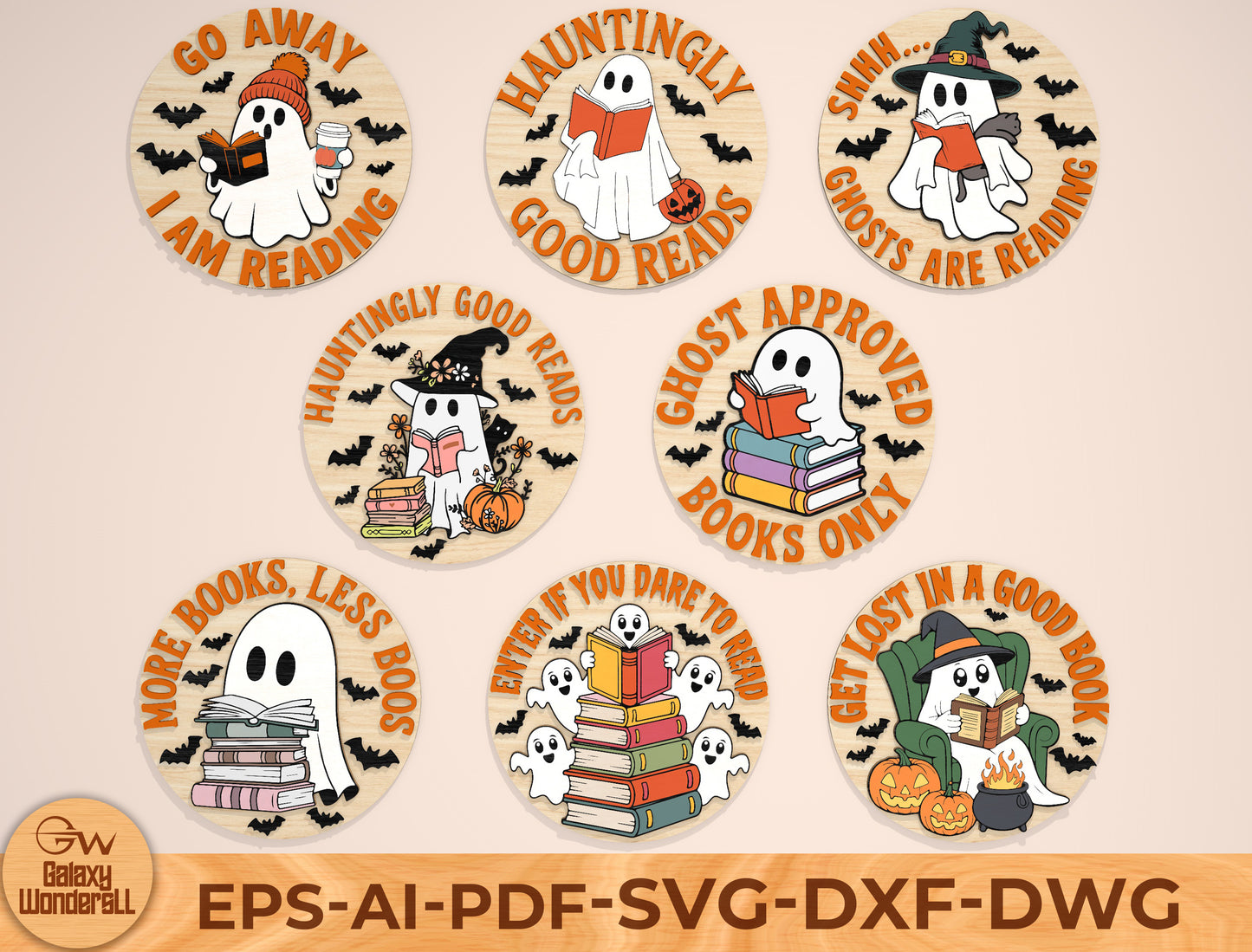 Halloween Reading Ghost Door Sign SVG Bundle Laser Cut File | 8 Funny Book Lover Designs | Round Wooden Decor | Glowforge, xTool, LightBurn, etc.